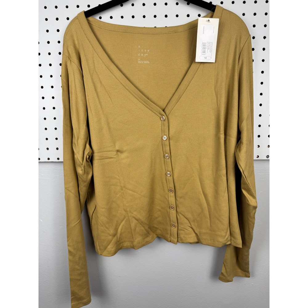 A New Day Womens Ribbed V-Neck Cardigan Top Mustard Tan 1X NWT